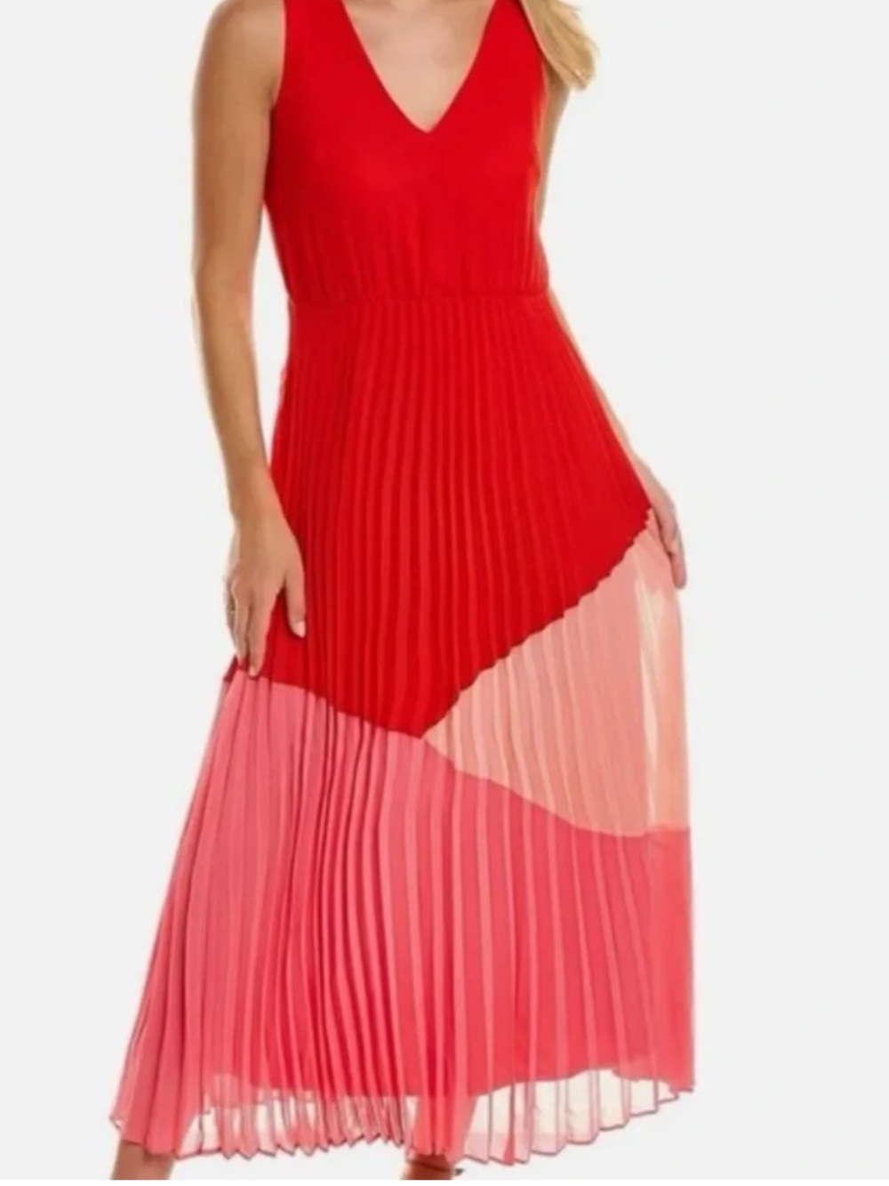 NWOT Taylor Red & Pink Pleated V-Neck Maxi Dress - Size XL- Hello Summer & Sun!
